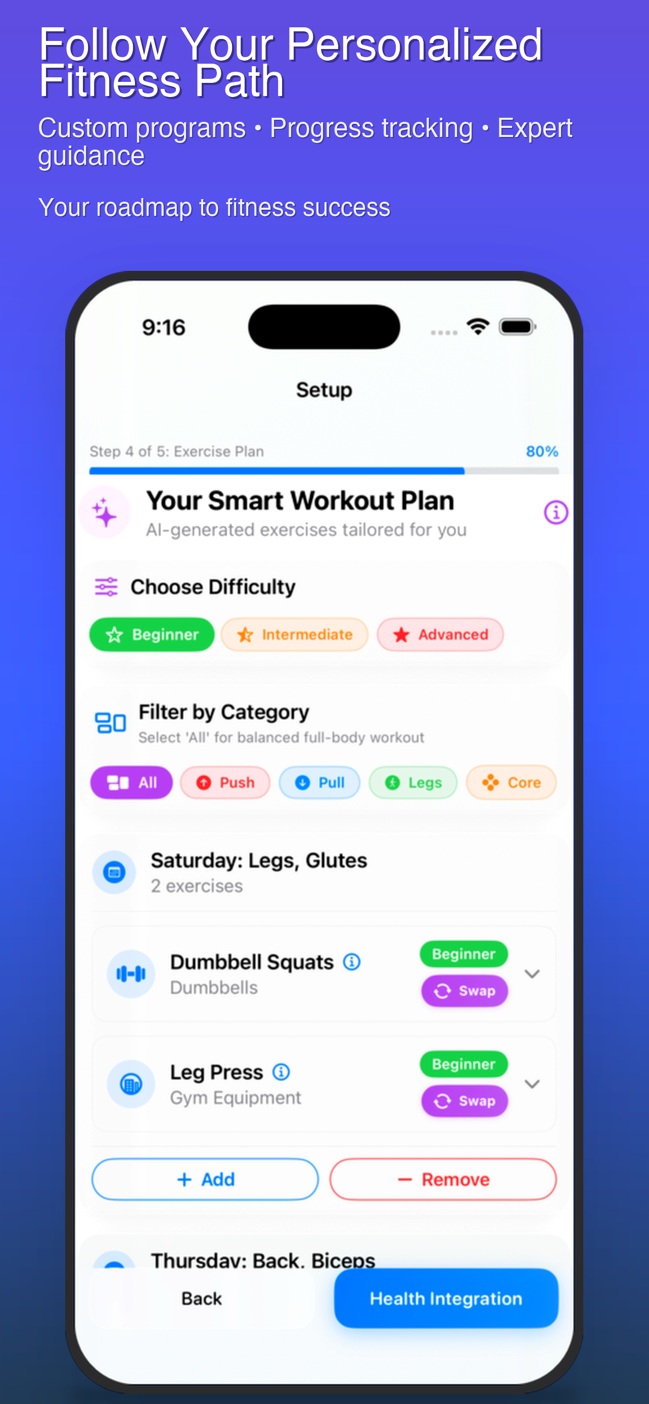 Personalized Workout Plan overview in HomeGym Pro
