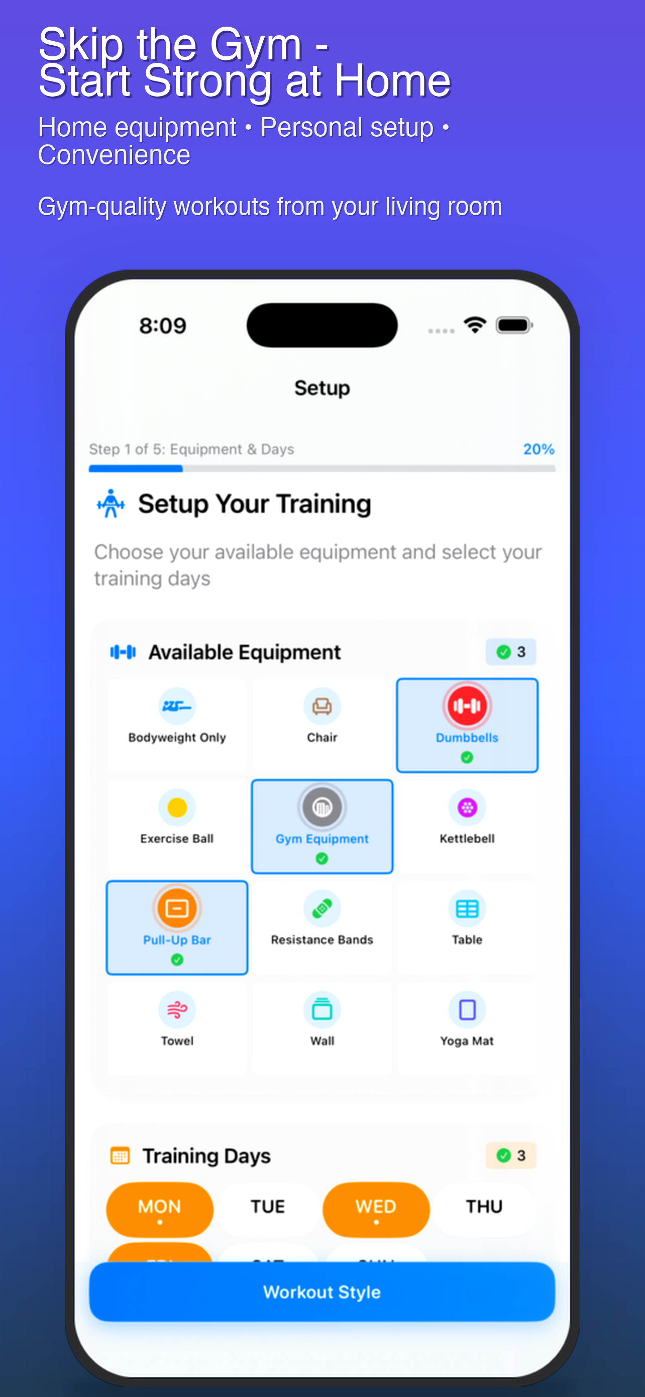 HomeGym Pro setup screen highlighting home gym integration
