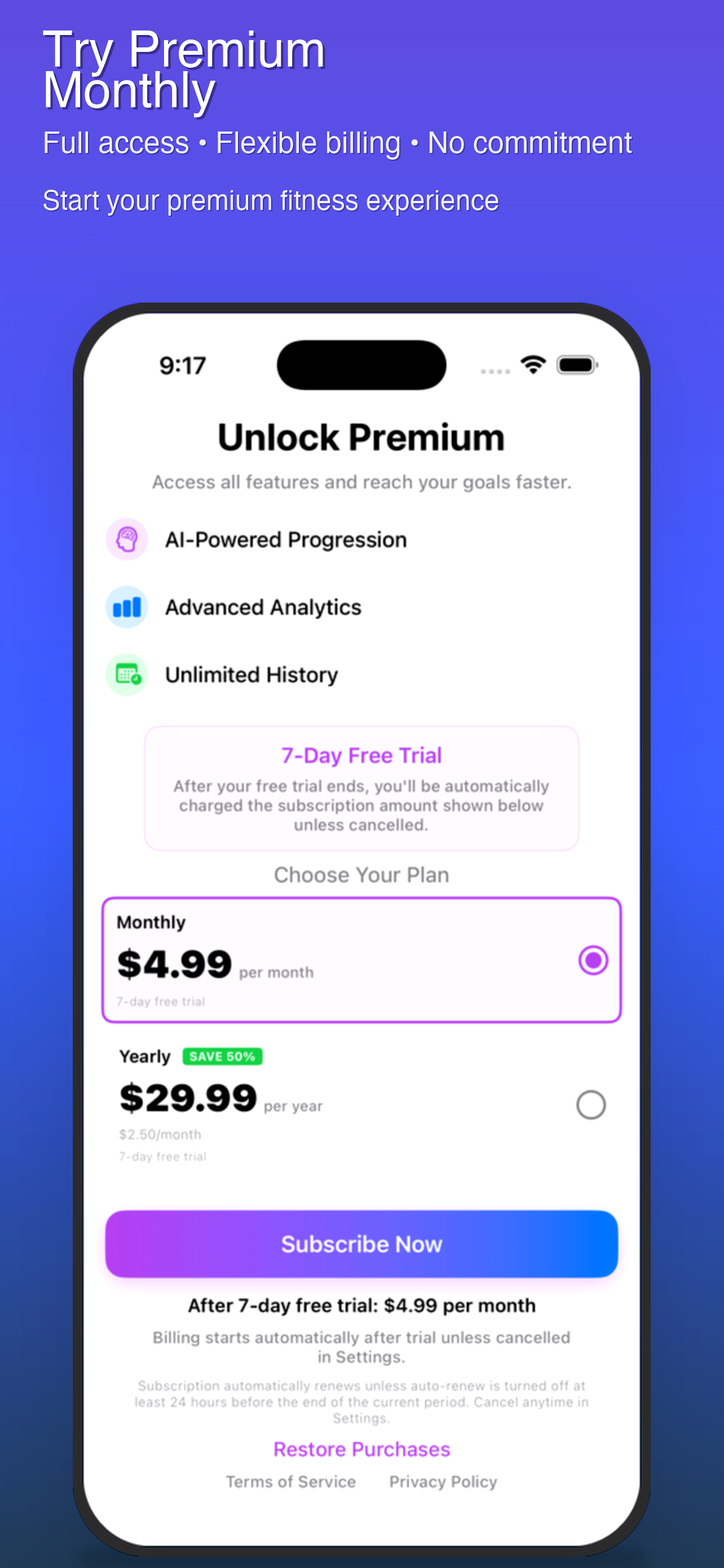 Monthly Premium membership details for HomeGym Pro